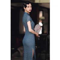 Traditional Chinese dress, Knee length Cheongsam, blue Qipao, mandarin collar