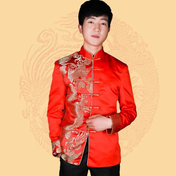 Men’s wedding suit, Chinese wedding suit,  Wedding Tang Jacket, half-side golden dragon pattern, mandarin collar