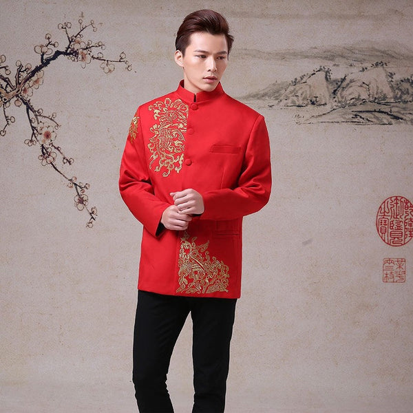 Men’s wedding suit, Chinese wedding suit,  Wedding Tang Jacket, golden embroidered pattern, mandarin collar