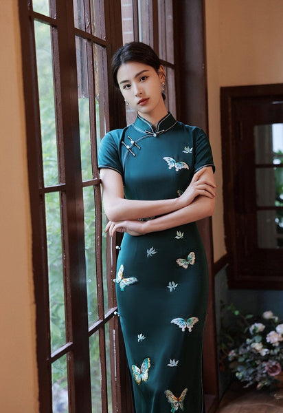 Modern Chinese qipao, Chinese Cheongsam, dark green modern qipao, embroidered butterfly, Ball Gowns, mandarin collar