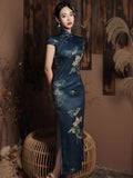 Traditional Chinese dress, Chinese Cheongsam, modern qipao, Ball Gowns, Long Evening Dress, dark blue, mandarin collar