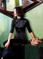 Traditional Chinese Cheongsam, black sleek color, mandarin collar, 3/4 sleeve