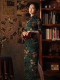 Traditional Chinese dress,  dark green qipao, floral prints, 3/4 sleeve, mandarin collar