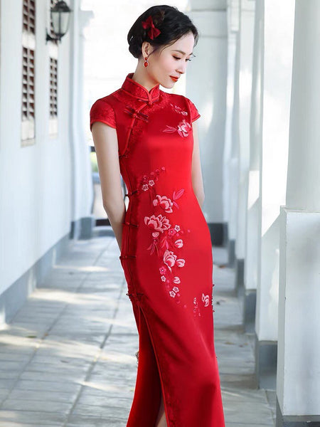 Modern Chinese Qipao, Red embroidered floral Cheongsam, Evening Dress, tea ceremony, wedding qipao, mandarin collar