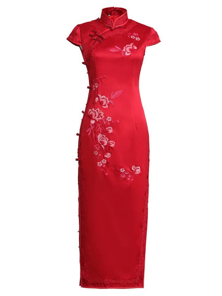 cheongsam red dress Modern Chinese Qipao, Red embroidered floral Cheongsam, Evening Dress, tea ceremony, wedding Qipao, mandarin collar 4X