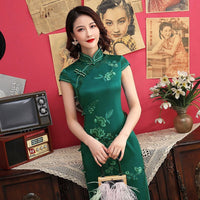 traditional Chinese dress, embroidered Cheongsam Dress, green color Evening Dresses, Ball Gowns, Long Evening Dresses, mandarin collar
