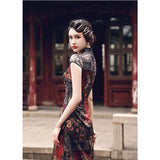 Traditional Chinese dress, Knee length Cheongsam, aodai qipao, flower pattern, mandarin collar