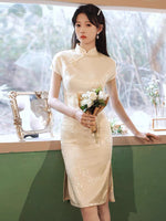 Traditional Chinese dress, Chinese Cheongsam, cream color qipao, mandarin collar
