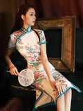 Traditional Chinese dress, Knee length Cheongsam, White floral qipao, mandarin collar