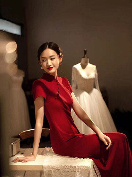 Nach Maß verfügbar, chinesisches Hochzeitskleid, chinesisches Qipao, rotes Cheongsam, Brautkleid, Teezeremonie, Mandarinkragen