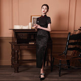 Traditional Chinese dress, Long Qipao, jacquard print, red, green, black color options, mandarin collar