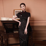 Traditional Chinese dress, Long Qipao, jacquard print, red, green, black color options, mandarin collar