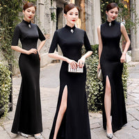Traditional Chinese dress, Chinese Cheongsam, Black Sleek Qipao, Evening Dress, minimalistic design, mandarin collar