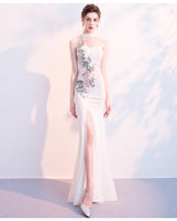 Custom make available, wedding dress, Chinese qipao, white embroidered Cheongsam, Bridal dress, tea ceremony, mermaid tail dress