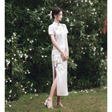 Traditional Chinese dress, Chinese Cheongsam Dress, White embroidered qipao, Long Evening Dress, mandarin collar