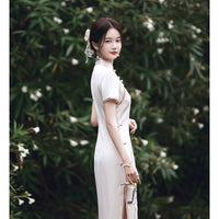 Traditional Chinese dress, Chinese Cheongsam Dress, White embroidered qipao, Long Evening Dress, mandarin collar