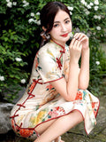 Traditional Chinese dress, China Cheongsam, flower prints, short sleeve, mandarin collar