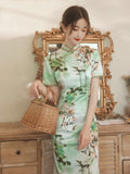 Traditional Chinese dress, Knee length Cheongsam, light Green Qipao, flower pattern, mandarin collar