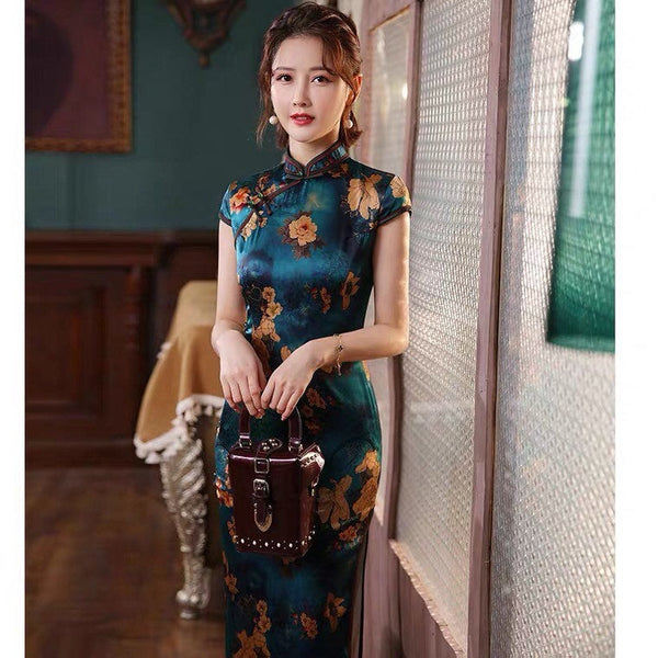 Traditional Chinese dress, mulberry silk Cheongsam, Silk qipao, blue dress, mandarin collar