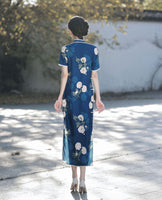 Modern Chinese dress, Chinese Qipao, Dark blue qipao, summer Dress, flower pattern, short sleeve, mandarin collar