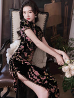 Traditional Chinese dress, Chinese Cheongsam, black silk velvet qipao, Ball Gowns, Long Evening Dress, mandarin collar