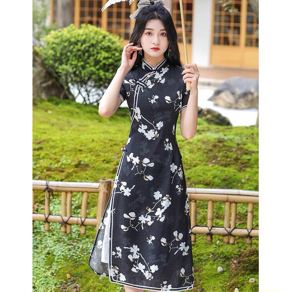 Traditional Chinese dress, Chinese Cheongsam,black aodai qipao, Ball Gowns, Long Evening Dress, mandarin collar