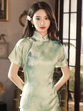 Traditional Chinese dress, long Chinese Cheongsam, light green Qipao, Evening Dress, floral prints, mandarin collar