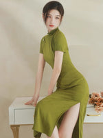 Modern Chinese qipao, Chinese Cheongsam, Ball Gowns, Green jacquard qipao, Long Evening Dress, mandarin collar