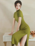 Traditional Chinese dress, Chinese Cheongsam, modern qipao, Ball Gowns, Green jacquard qipao, Long Evening Dress, mandarin collar