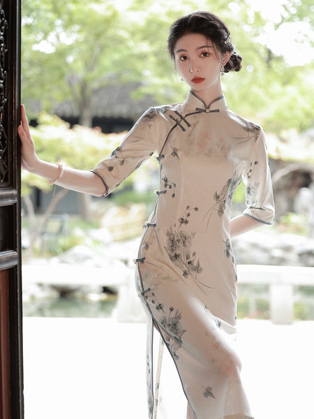 Modern Chinese Qipao, Chinese Cheongsam, 3/4 sleeve, Evening Dress, mandarin collar