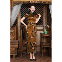 Modern Chinese Qipao, Mulberry Silk cheongsam, Yellow ocher color, event dress, floral print