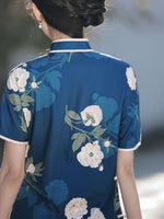 Modern Chinese Qipao, Chinese Qipao, Dark blue qipao, summer Dress, flower pattern, short sleeve, mandarin collar