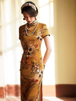 Qipao chinois moderne, cheongsam en soie de mûrier, robe de soirée, qipao de couleur dorée