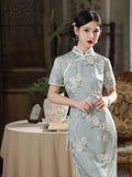 Qipao chinois moderne, Cheongsam longueur genou, Qipao vert clair, motif floral, qipao printemps et été, col mandarin