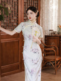 Modern Chinese dress, Chinese Cheongsam, light gray floral Dress, Ball Gowns, spring dress