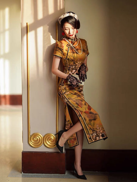 Modern Chinese Qipao, Mulberry Silk cheongsam,  Evening Dress, golden color qipao