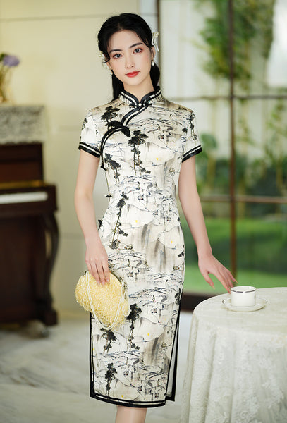 Qipao chinois moderne, cheongsam en soie de mûrier, robe de soirée, col mandarin