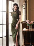 Modern Chinese qipao, Long Cheongsam, dark green color Qipao, Evening Dress, spring qipao,