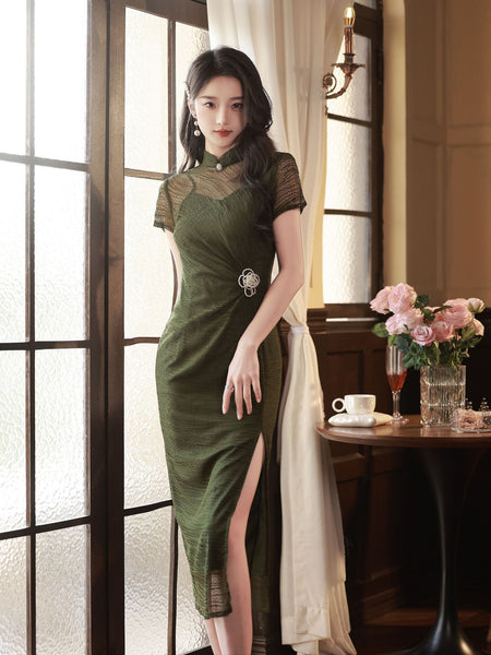 Qipao chinois moderne, Long Cheongsam, Qipao de couleur vert foncé, Robe de soirée, qipao de printemps,