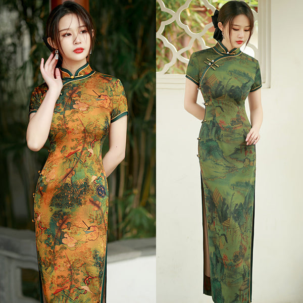 Qipao chinois moderne, robe de soirée, pleine longueur, col mandarin