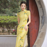 Traditional Chinese dress, Chinese Cheongsam, summer yellow qipao, Evening Dress, Ball Gowns, mandarin collar