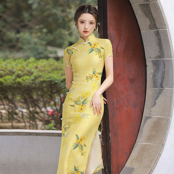 Qipao chinois moderne, Cheongsam chinois, qipao jaune d'été, robe de soirée, robes de bal, col mandarin