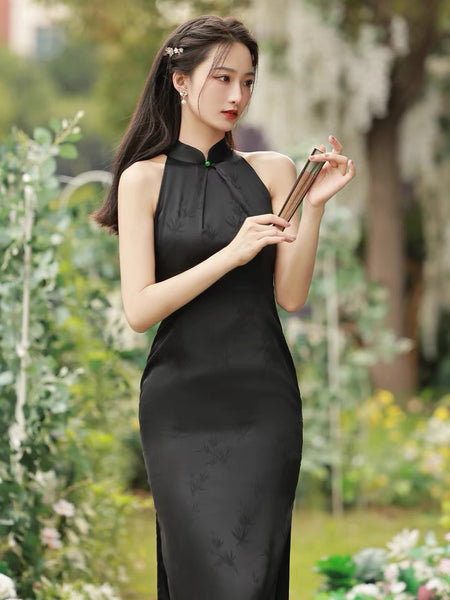 Black Jacquard Floral Halter Cheongsam Qipao Dress - IMALLURE M Black Jacquard Floral Halter Cheongsam Qipao Dress - IMALLURE M