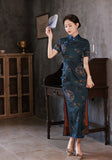 Traditional Chinese dress,  Modern Cheongsam, Dark Blue qipao, floral pattern, Evening Dress, Ball Gowns,  mandarin collar