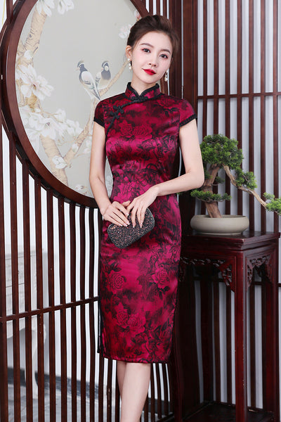 Kostenlose Änderung, traditionelles chinesisches Qipao-Kleid, Cheongsam aus Maulbeerseide, Abendkleid, Rosendrucke