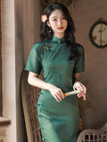 traditional Chinese dress, Chinese Cheongsam, green jacquard Evening Dress, Ball Gowns, mandarin collar