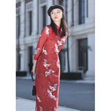 Traditional Chinese dress, Chinese Cheongsam, Red Crane pattern qipao, Evening Dress, mandarin collar, 3/4 sleeve
