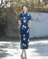 Modern Chinese dress, Chinese Qipao, Dark blue qipao, summer Dress, flower pattern, short sleeve, mandarin collar