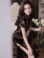 Traditional Chinese dress, Chinese Cheongsam, black silk velvet qipao, Ball Gowns, Long Evening Dress, mandarin collar