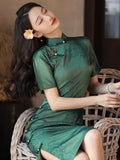 traditional Chinese dress, Chinese Cheongsam, green jacquard Evening Dress, Ball Gowns, mandarin collar